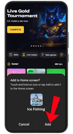 Selecting Add to Home Screen option in Chrome to create a casino shortcut on Android