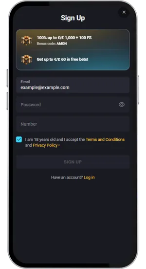 Creating an account at an online casino with email and password